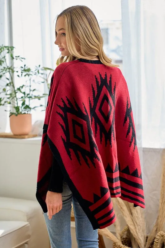 Red/Black Sweater Shawl Wrap with Aztec Pattern