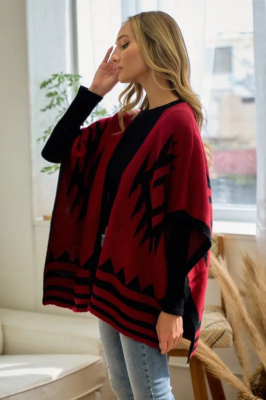 Red/Black Sweater Shawl Wrap with Aztec Pattern