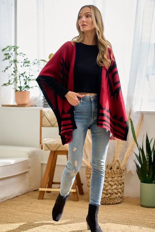 Red/Black Sweater Shawl Wrap with Aztec Pattern