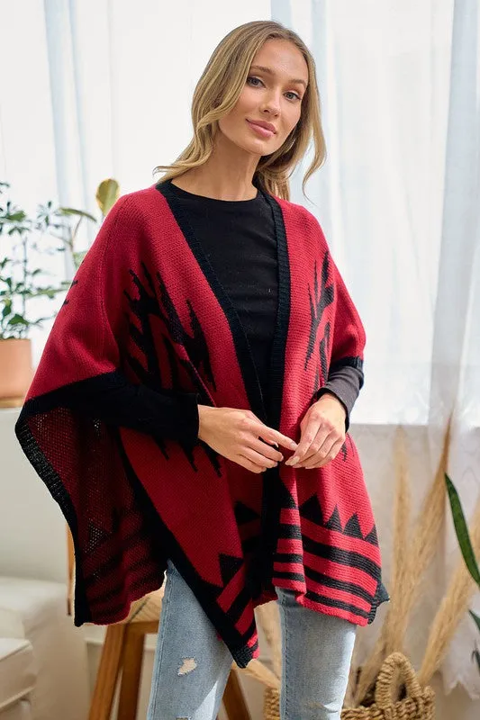 Red/Black Sweater Shawl Wrap with Aztec Pattern