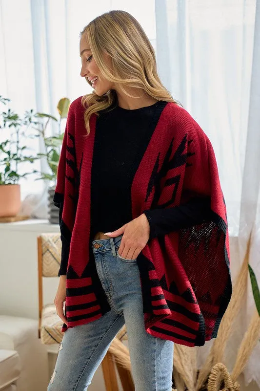 Red/Black Sweater Shawl Wrap with Aztec Pattern