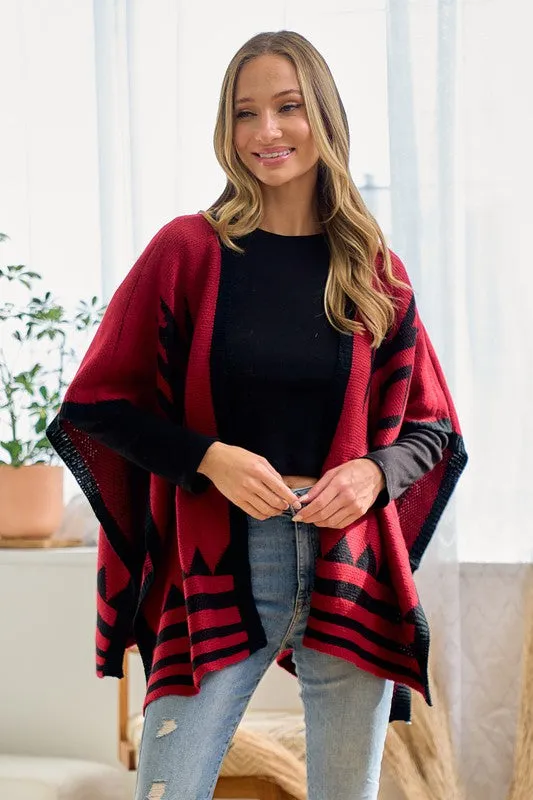 Red/Black Sweater Shawl Wrap with Aztec Pattern