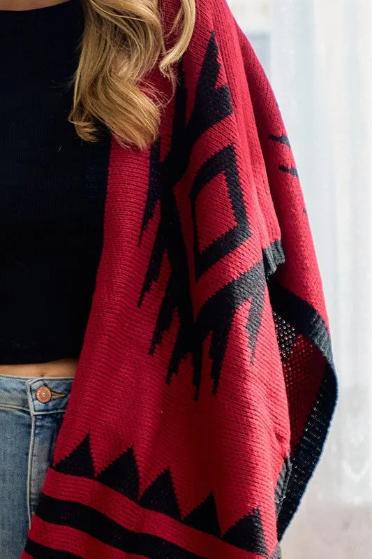 Red/Black Sweater Shawl Wrap with Aztec Pattern