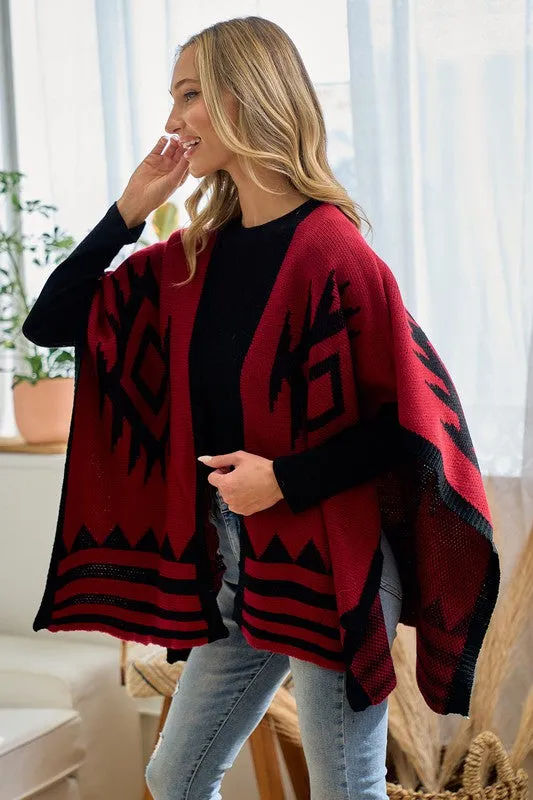 Red/Black Sweater Shawl Wrap with Aztec Pattern