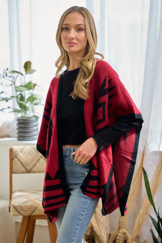 Red/Black Sweater Shawl Wrap with Aztec Pattern