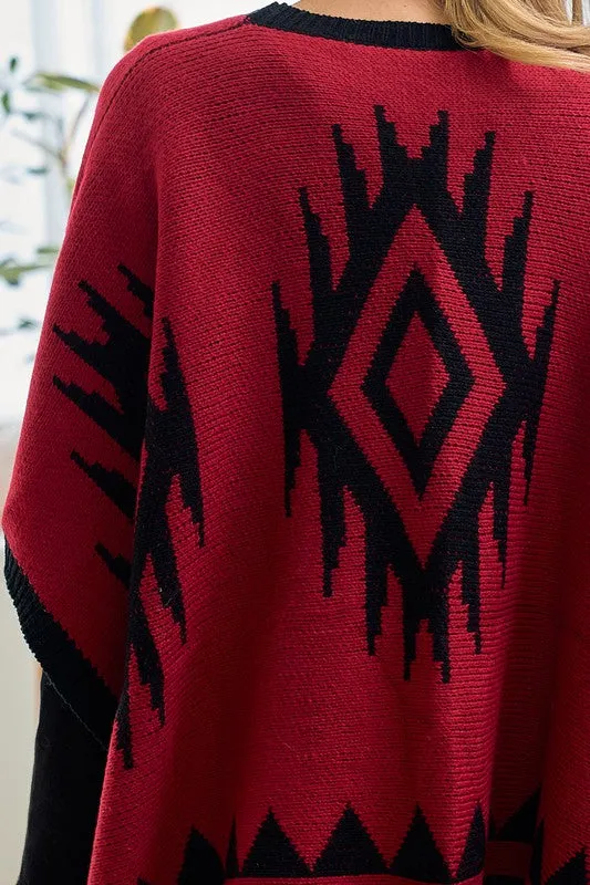 Red/Black Sweater Shawl Wrap with Aztec Pattern