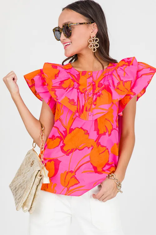 Rose Boho Floral Print Layered Ruffle Blouse