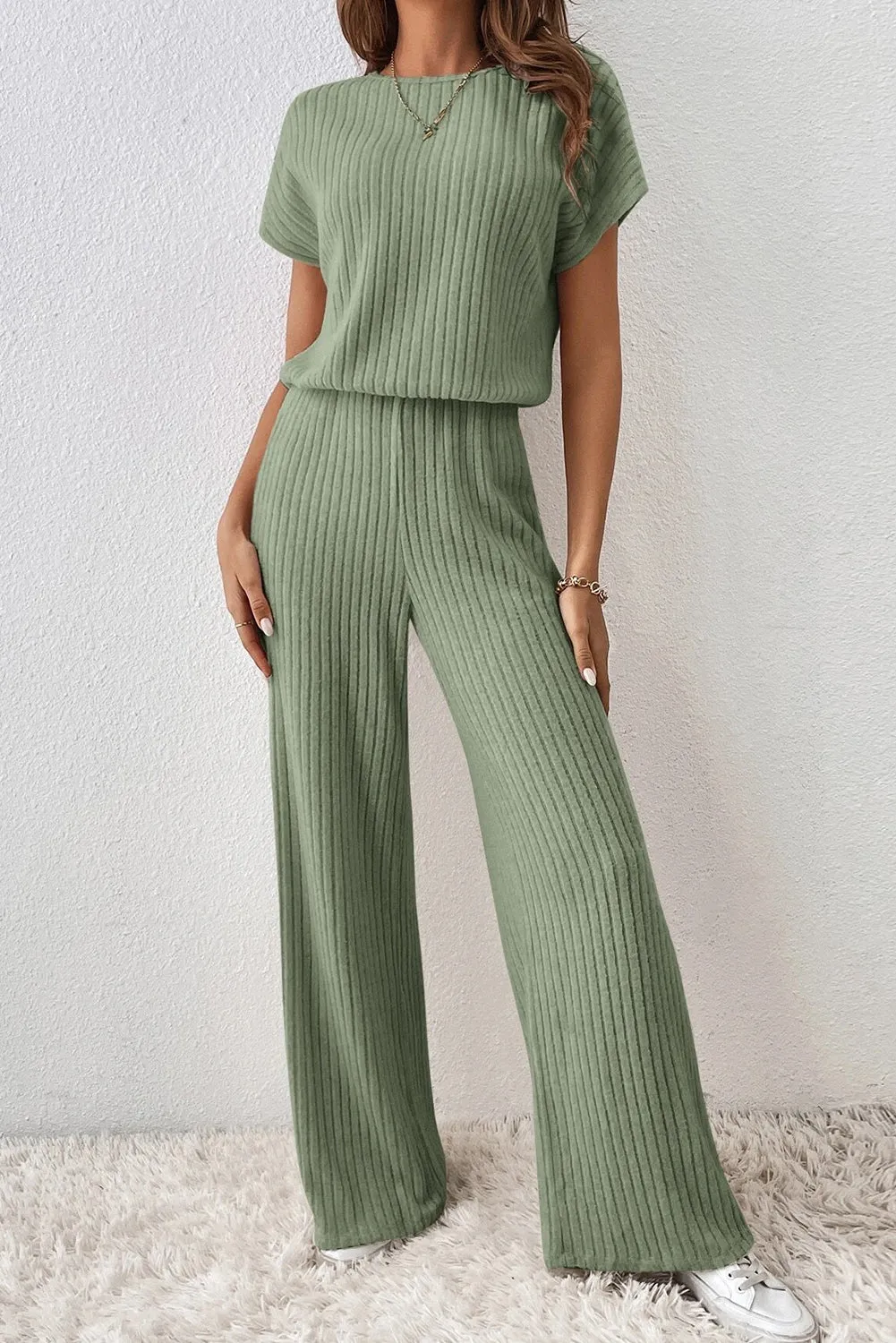 Rose Red Solid Color Ribbed Short Sleeve Wide Leg Jumpsuit