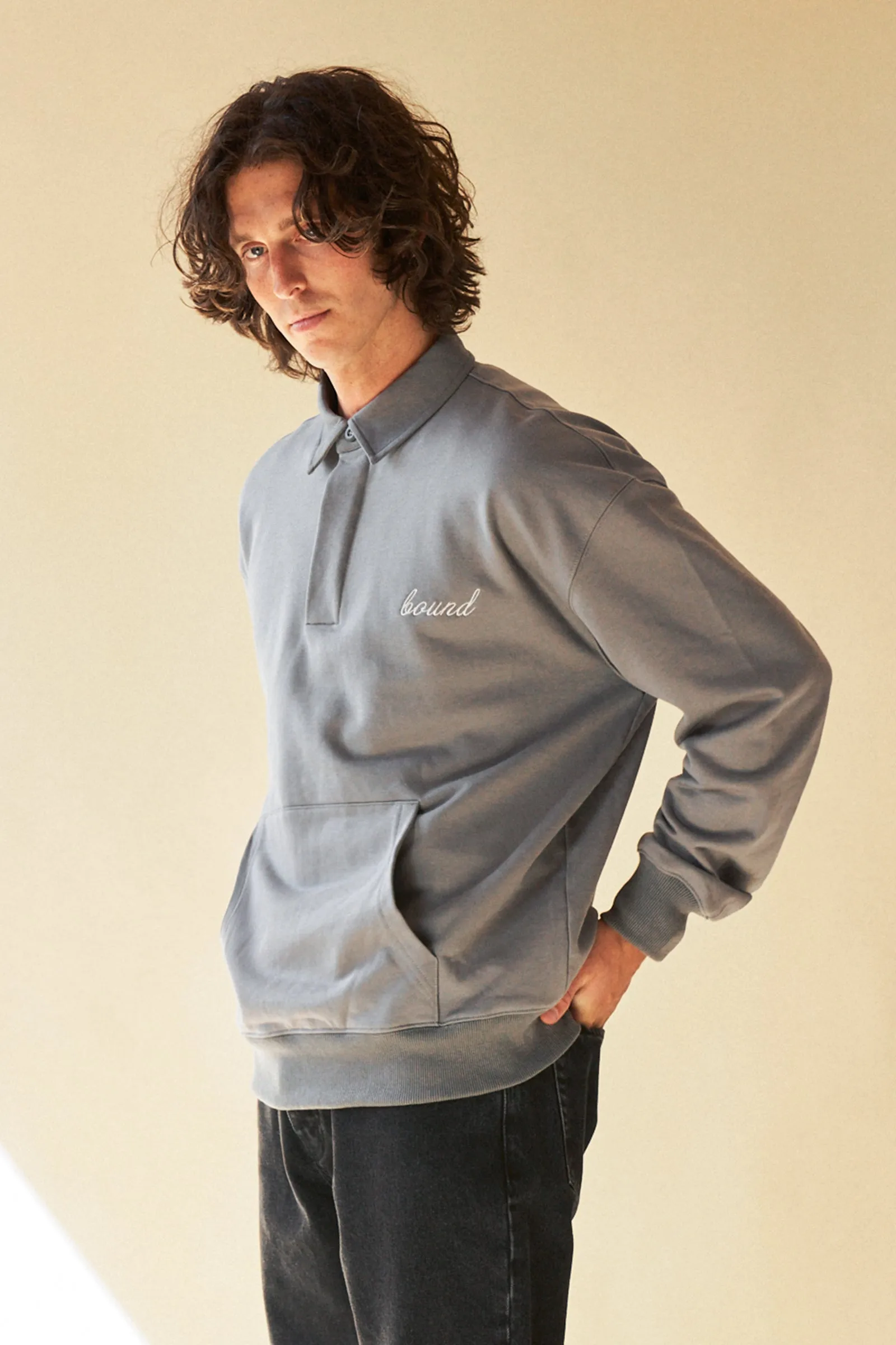 SAGE GREY RUGBY POLO SWEATER