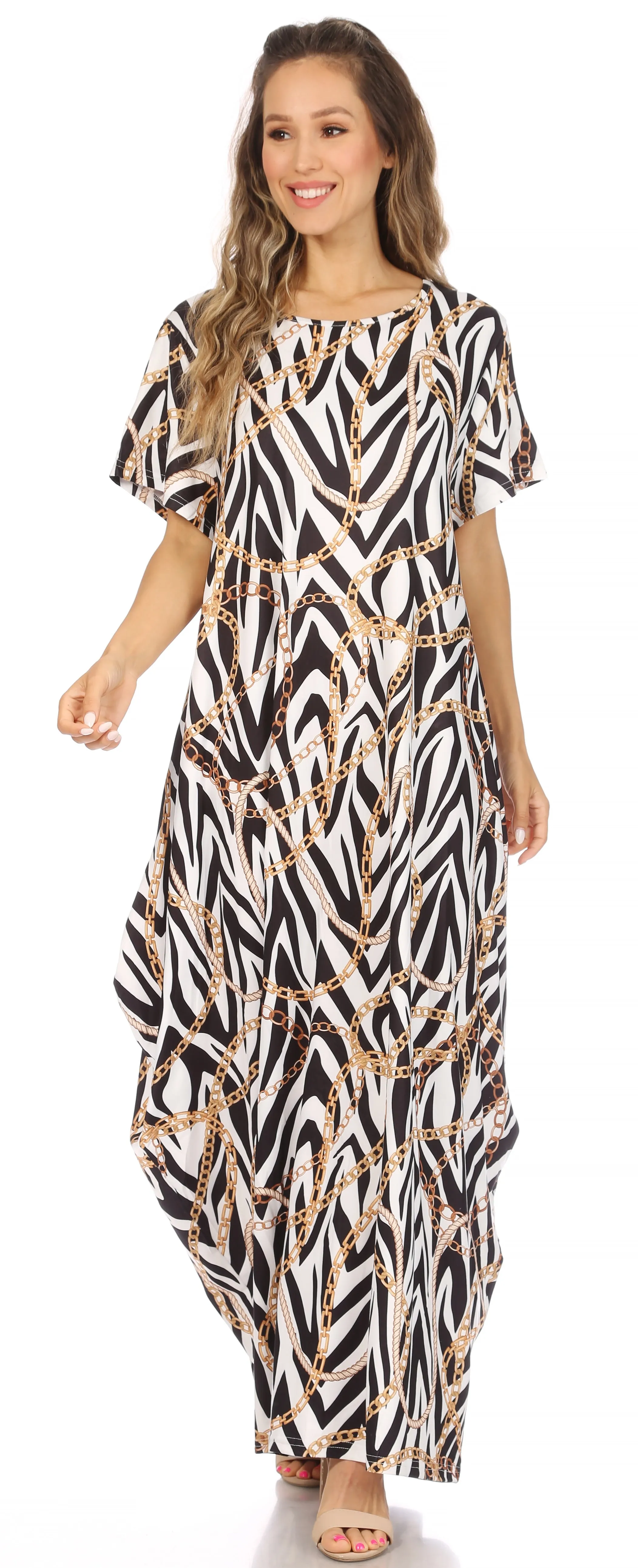 Sakkas Abeni Women's Short Sleeve Casual Print Long Maxi Cover-up Caftan Dress