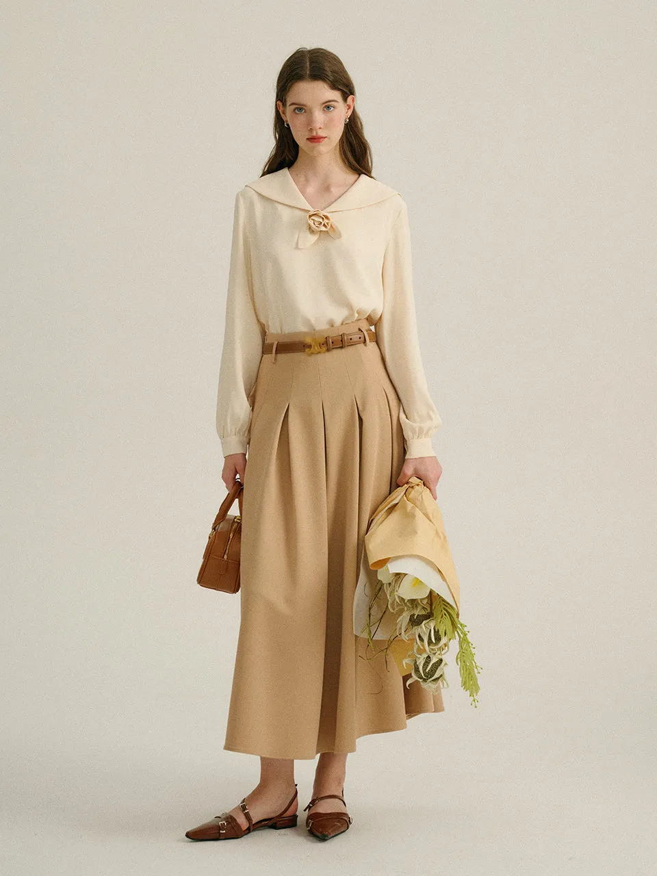 Sand Pleated Long Skirt