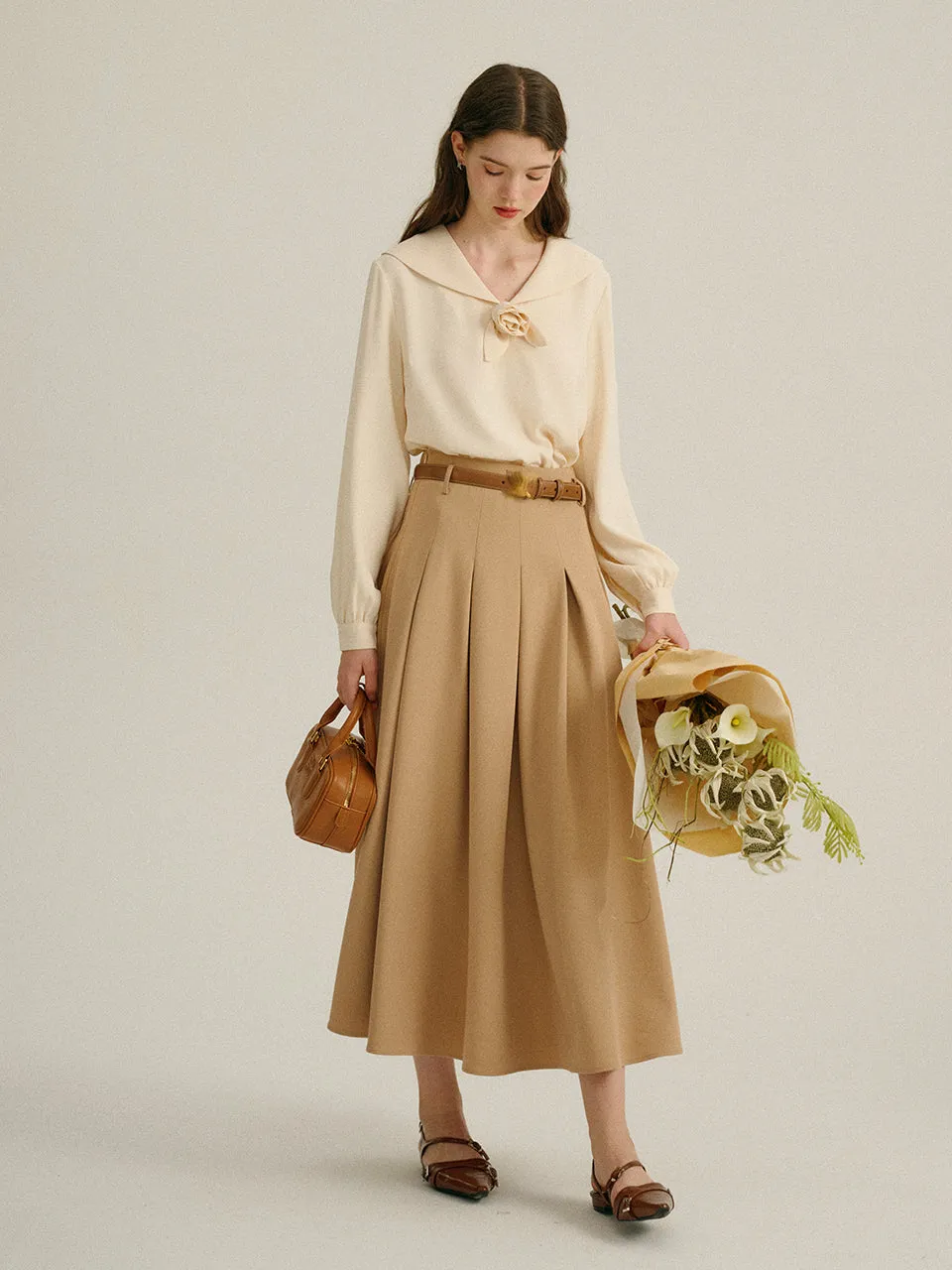 Sand Pleated Long Skirt