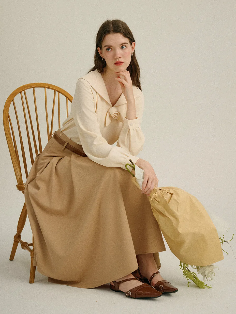 Sand Pleated Long Skirt