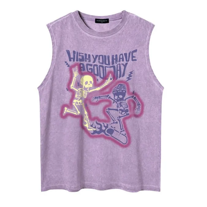 Skeletons Skaters Print Sleeveless Dust Pink Gray T-Shirt