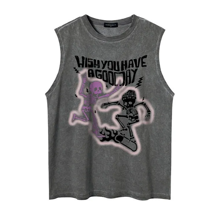 Skeletons Skaters Print Sleeveless Dust Pink Gray T-Shirt