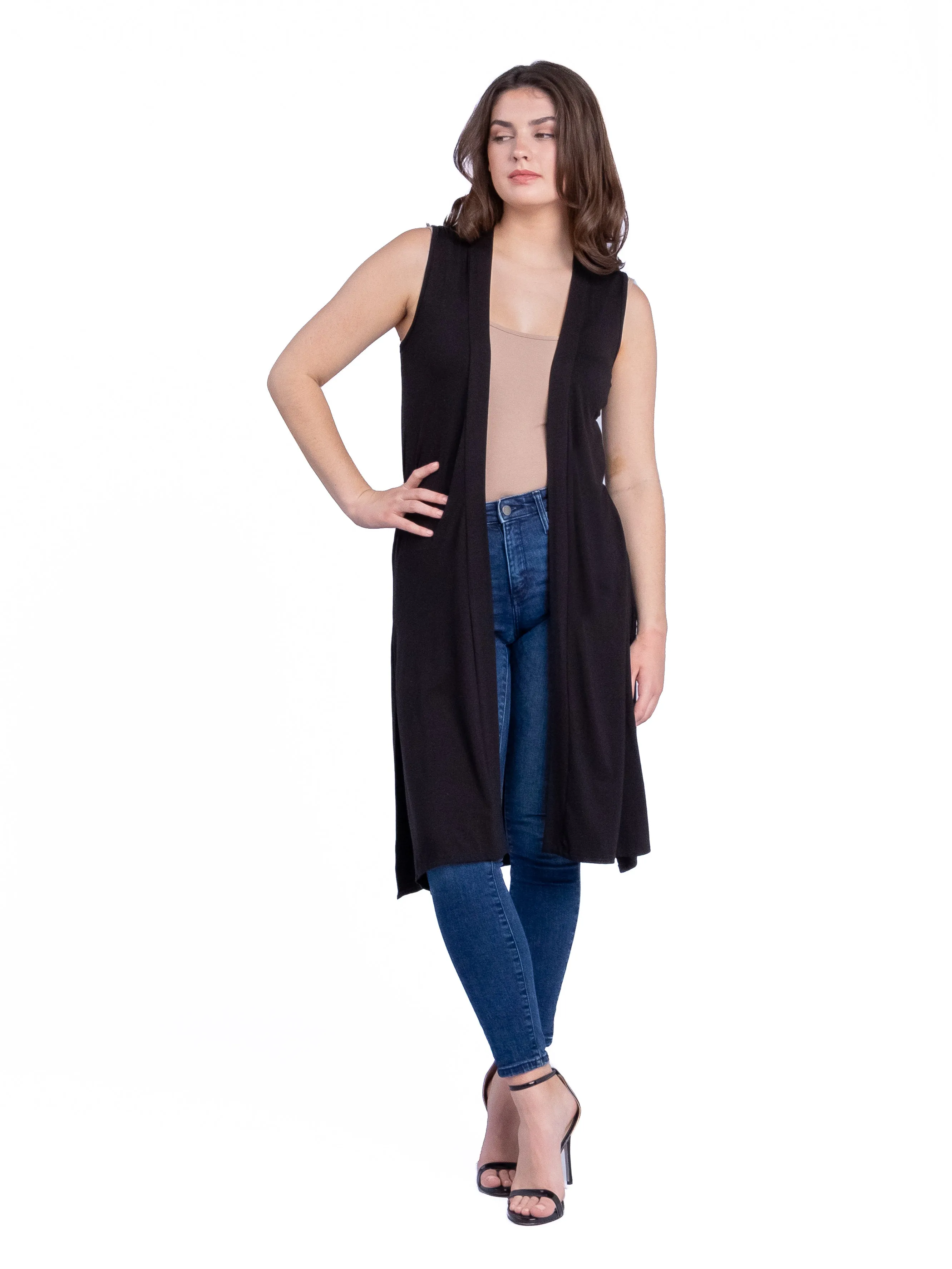 Sleeveless Long Cardigan Vest with Side Slit