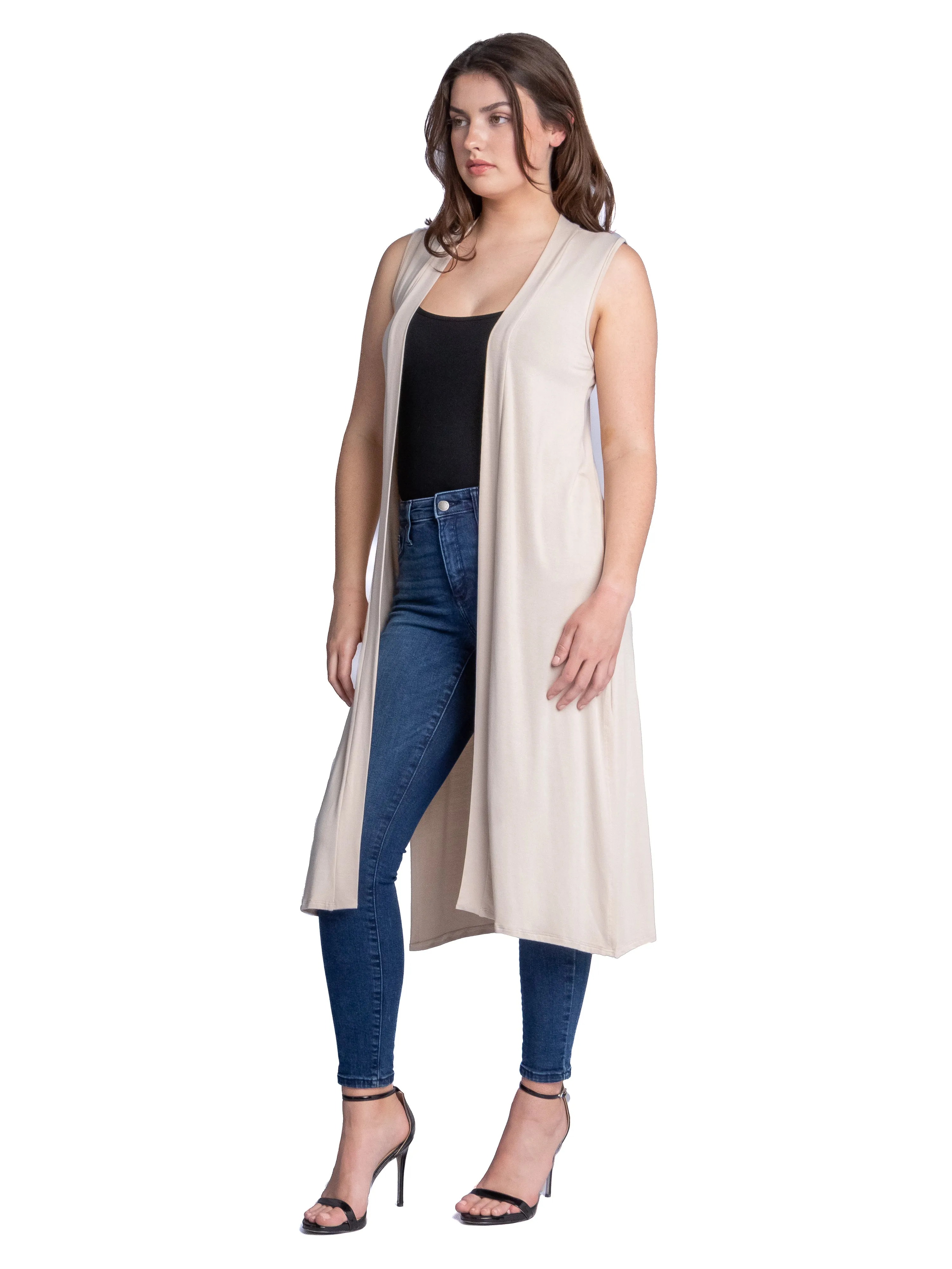 Sleeveless Long Cardigan Vest with Side Slit