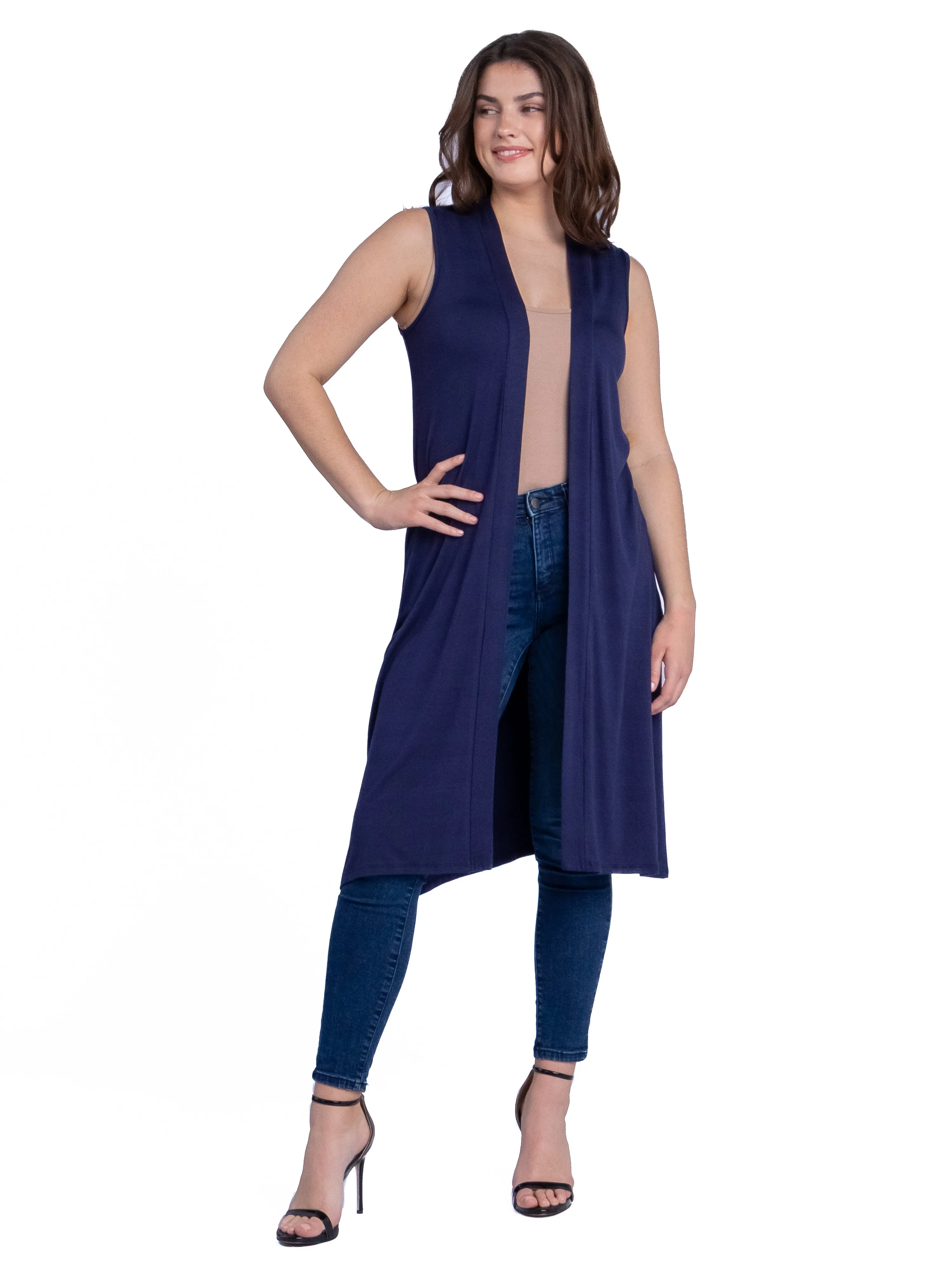 Sleeveless Long Cardigan Vest with Side Slit