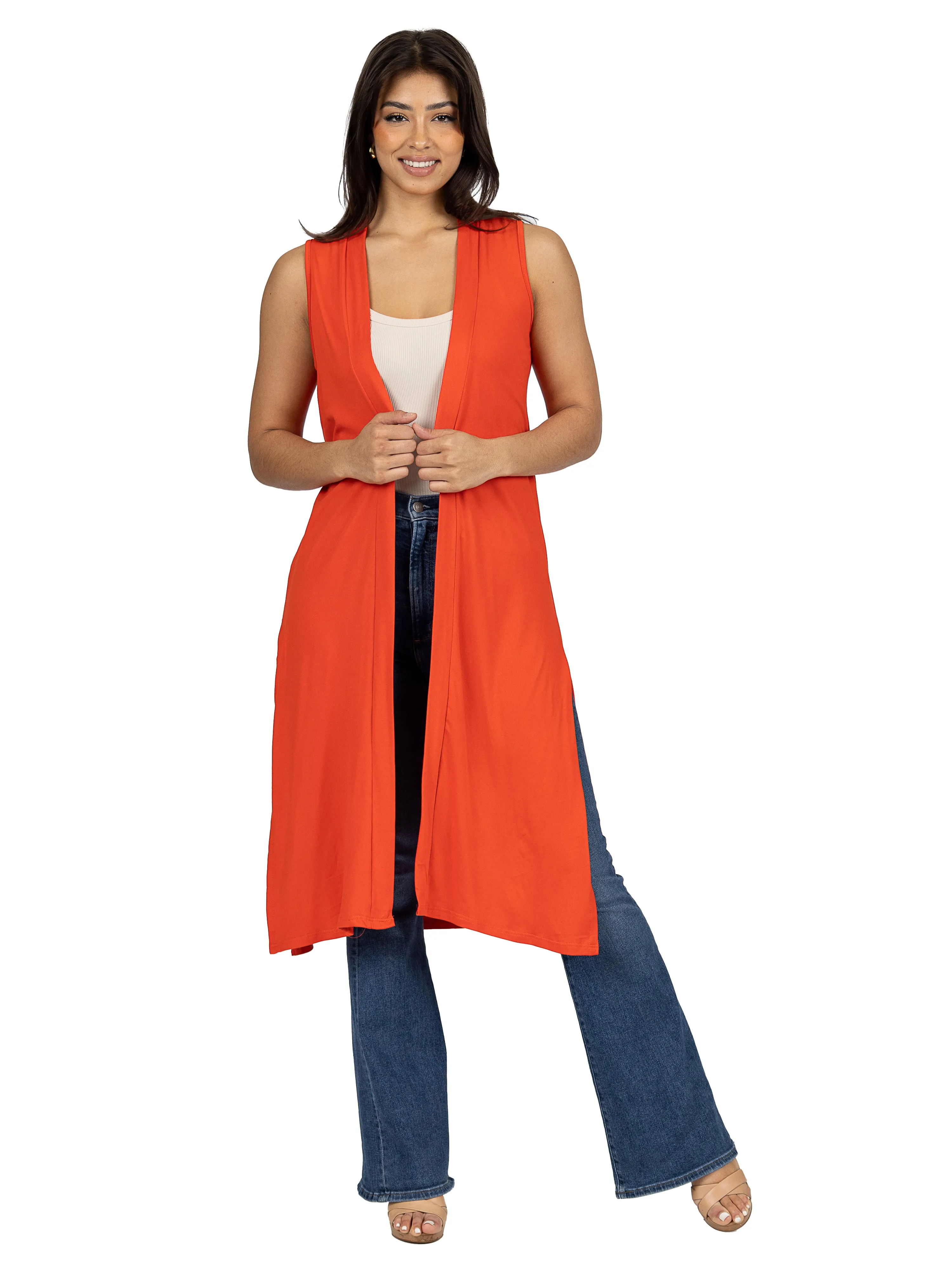 Sleeveless Long Cardigan Vest with Side Slit