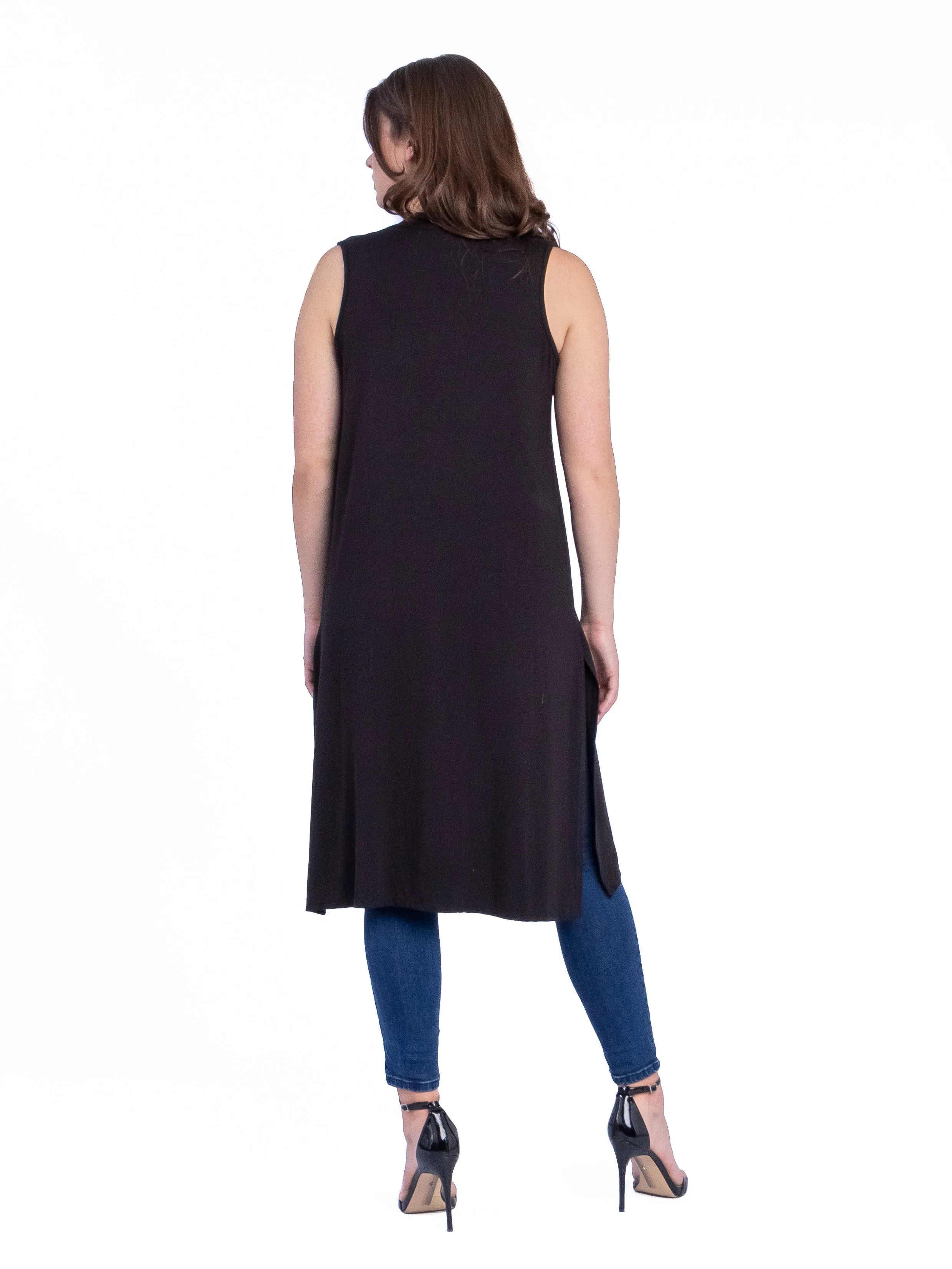 Sleeveless Long Cardigan Vest with Side Slit