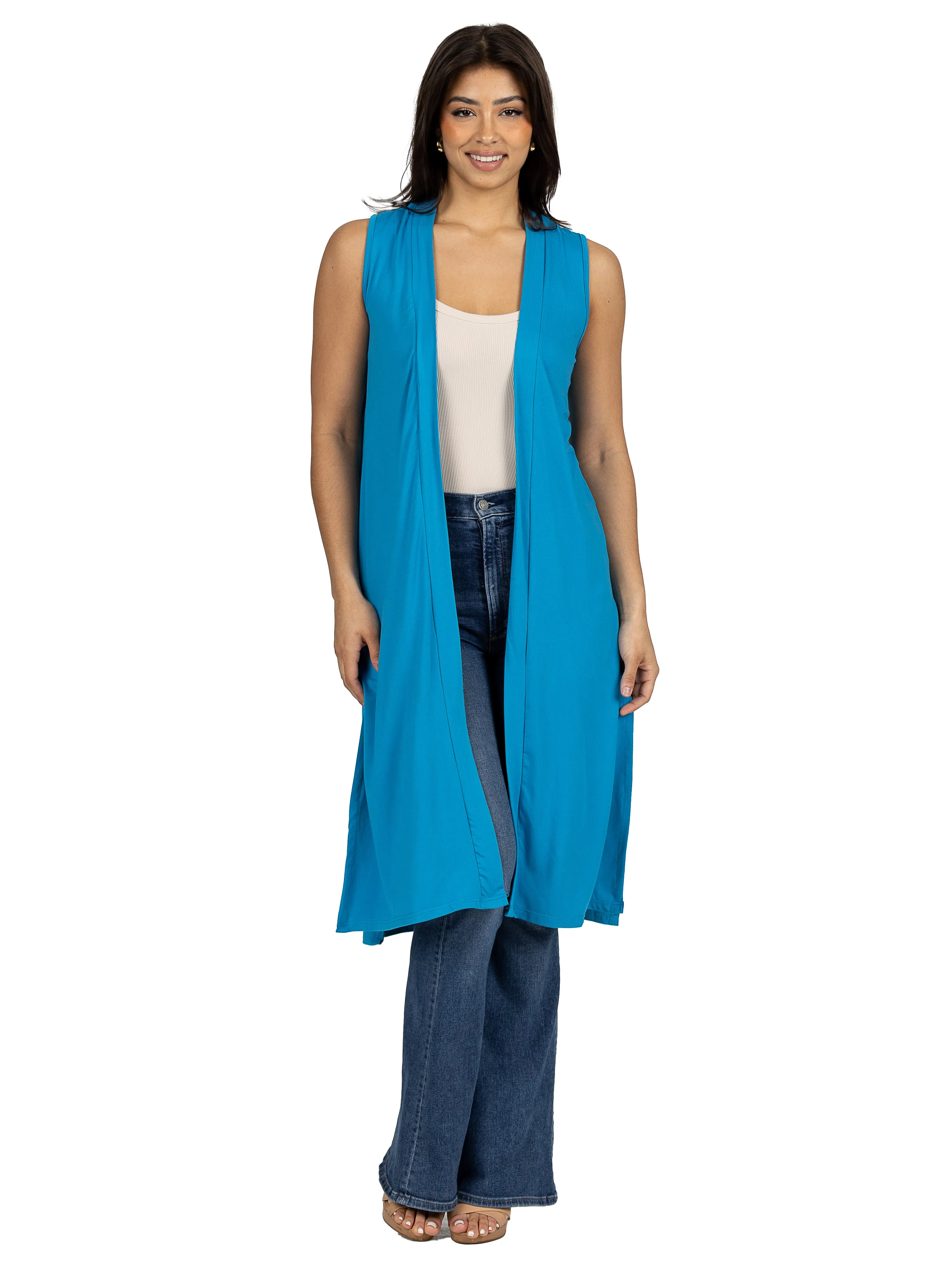 Sleeveless Long Cardigan Vest with Side Slit