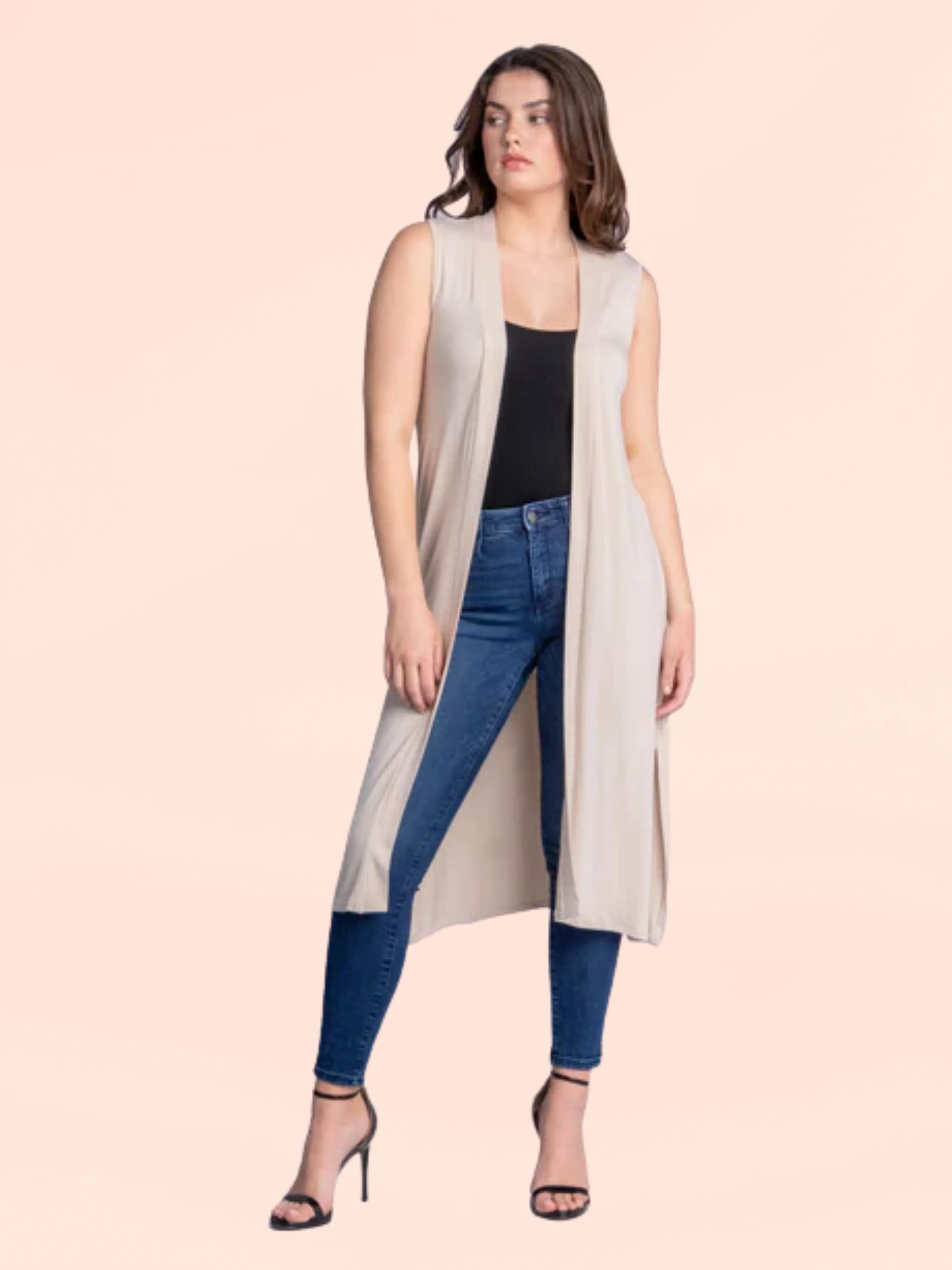 Sleeveless Long Cardigan Vest with Side Slit