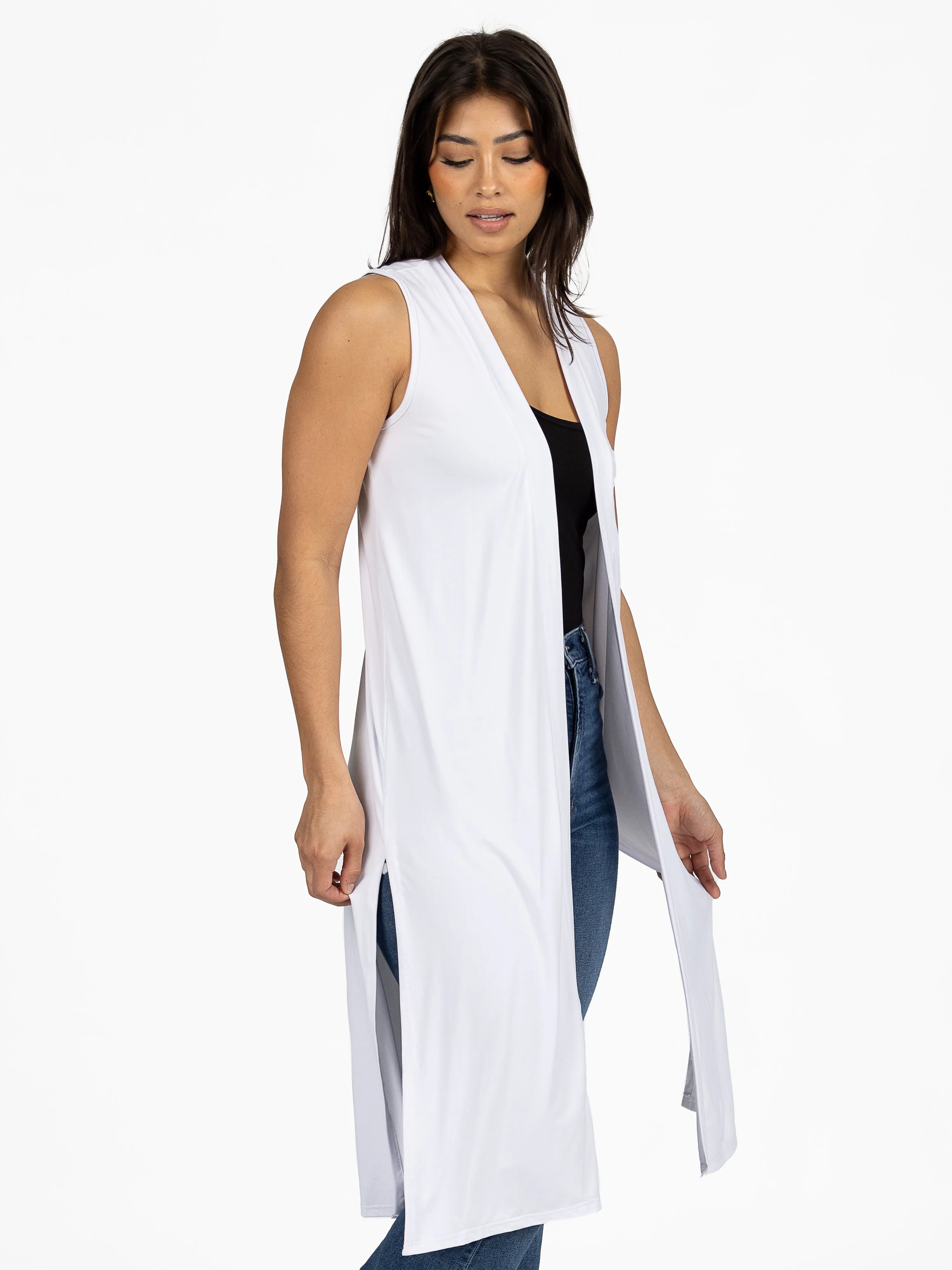 Sleeveless Long Cardigan Vest with Side Slit