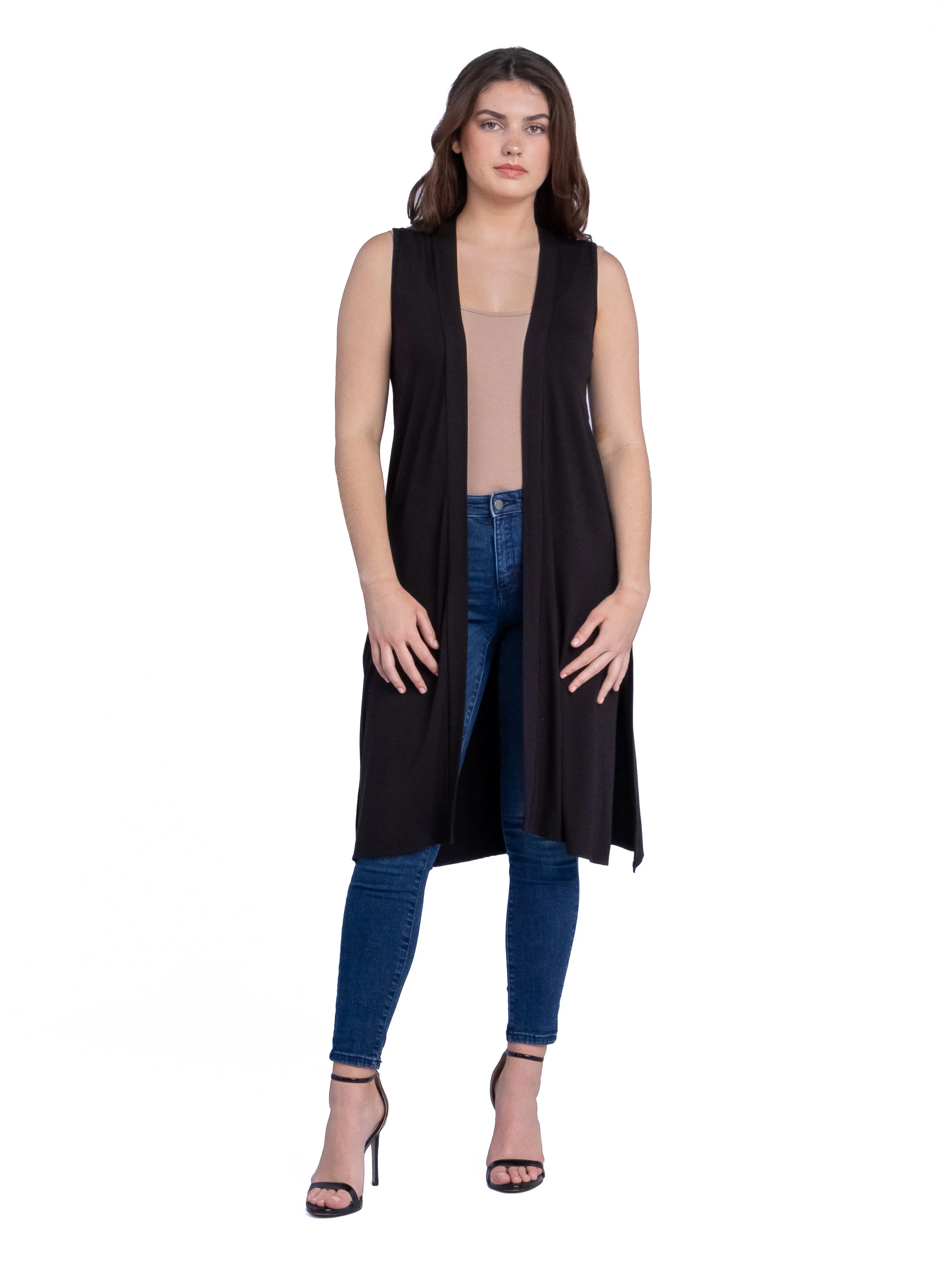 Sleeveless Long Cardigan Vest with Side Slit