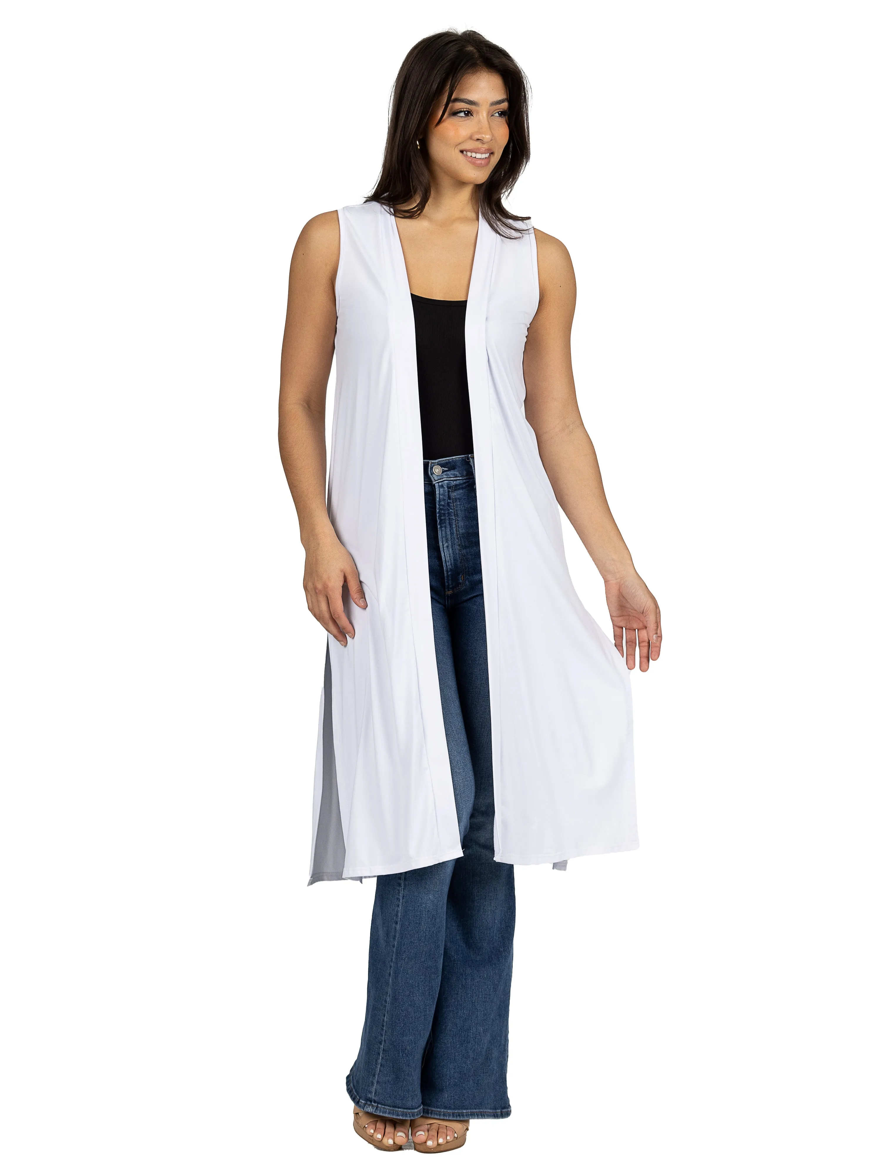 Sleeveless Long Cardigan Vest with Side Slit