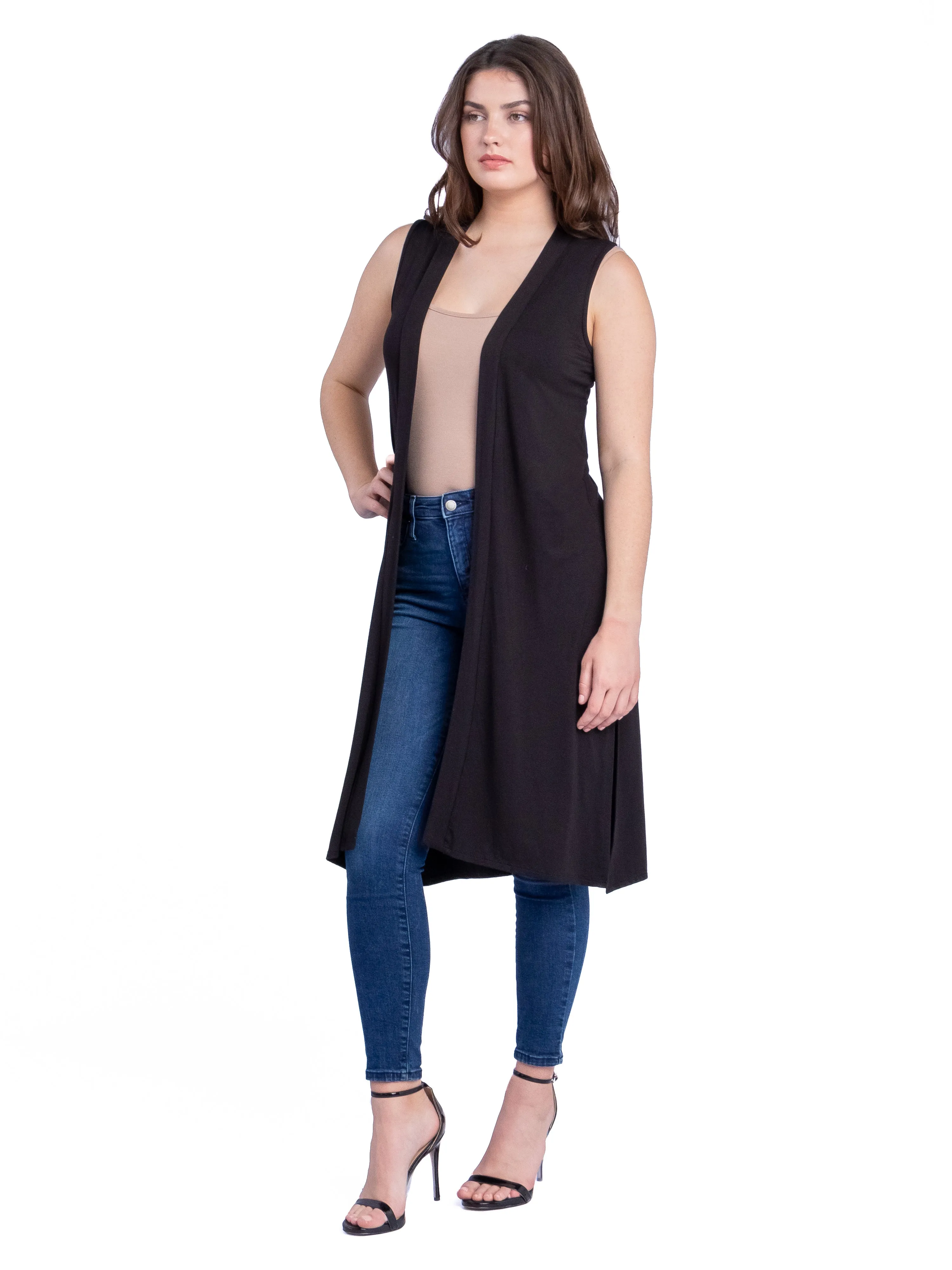 Sleeveless Long Cardigan Vest with Side Slit