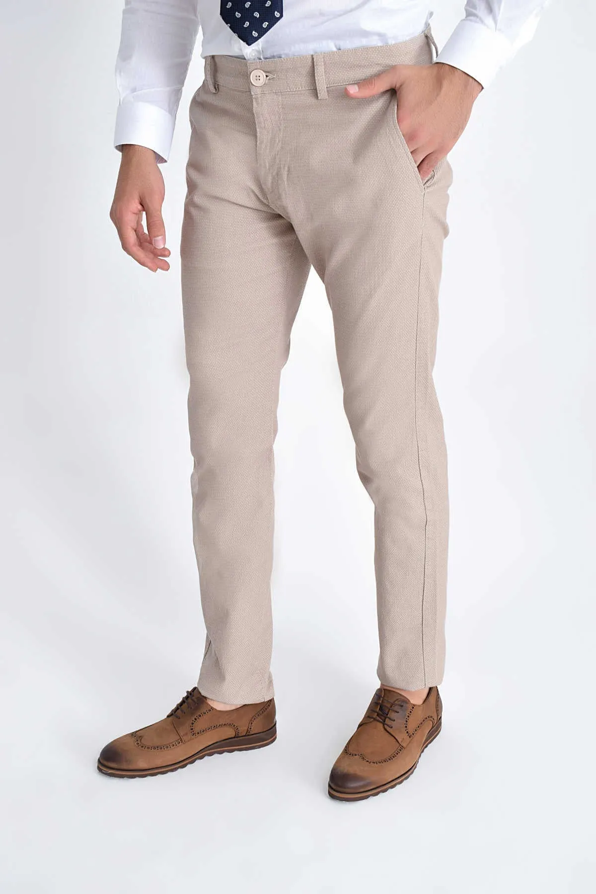 Slim Fit Beige Side Pocket Low Waist Cotton Casual Pants