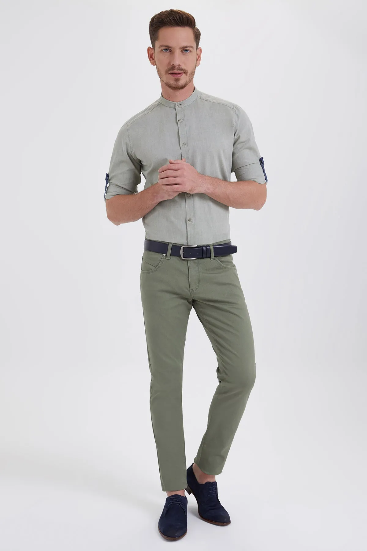 Slim Fit Low Waist Unpleated Cotton Blend Olive Casual Pants, Olive