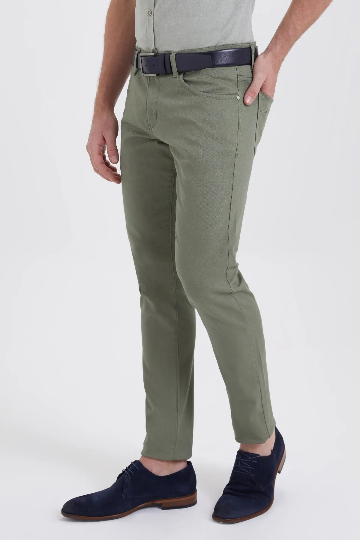 Slim Fit Low Waist Unpleated Cotton Blend Olive Casual Pants, Olive