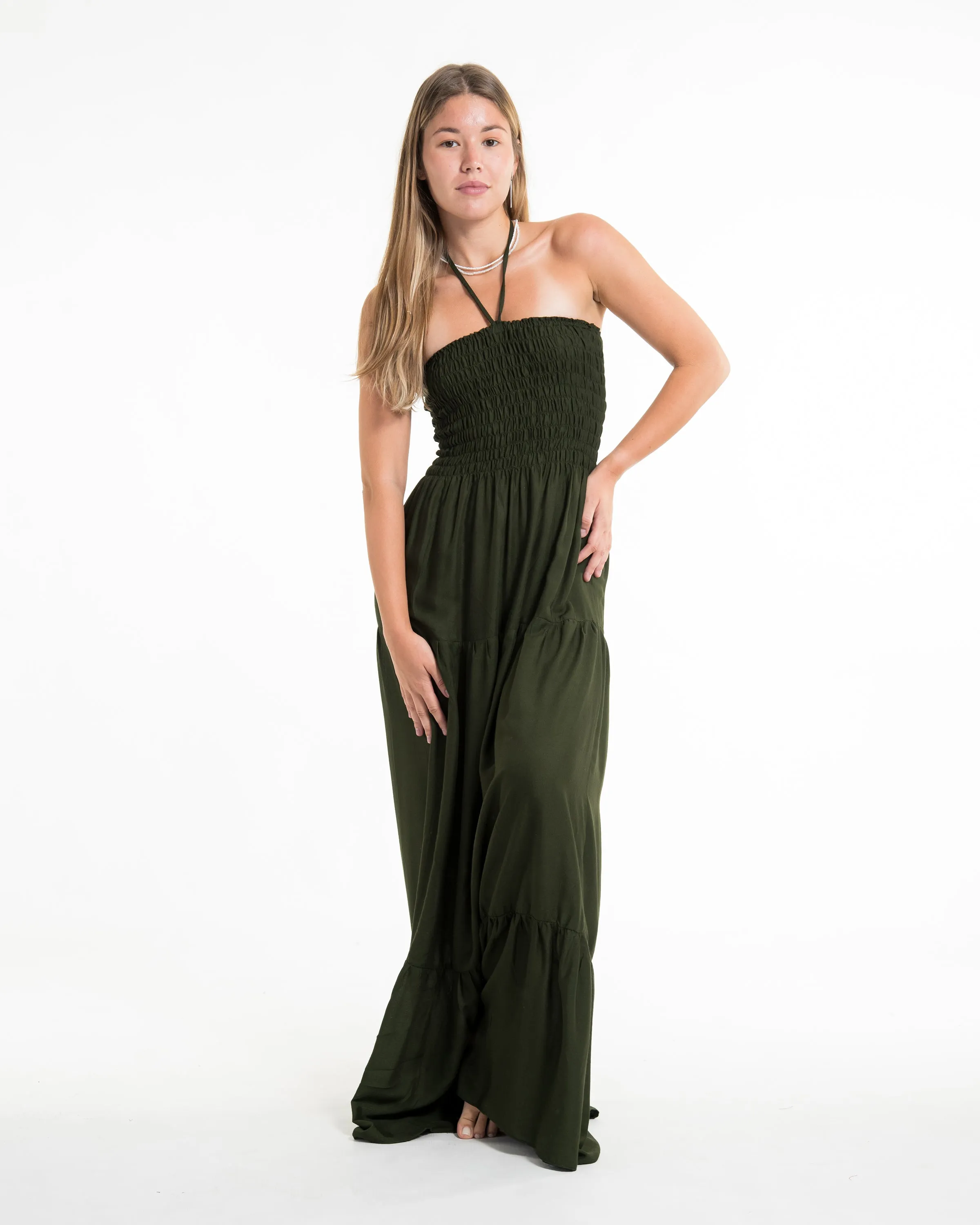 Solid Color Smocked Maxi Dress in Dark Green