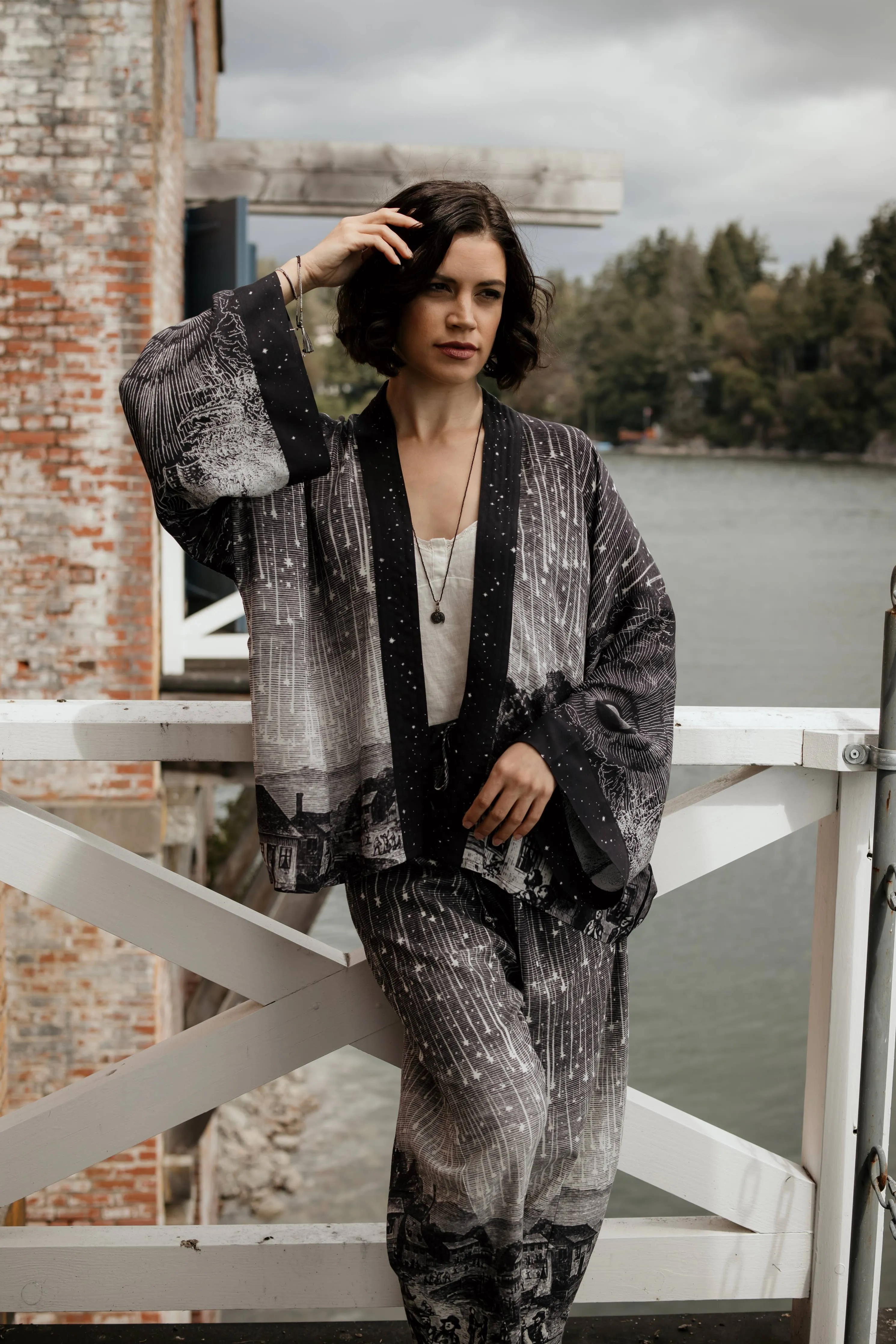 Stargazer Cropped Bamboo Kimono Cardigan with Falling Stars