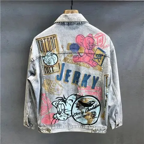 Streetwear Cartoon Graphic Print Denim Jacket