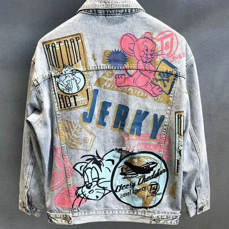 Streetwear Cartoon Graphic Print Denim Jacket