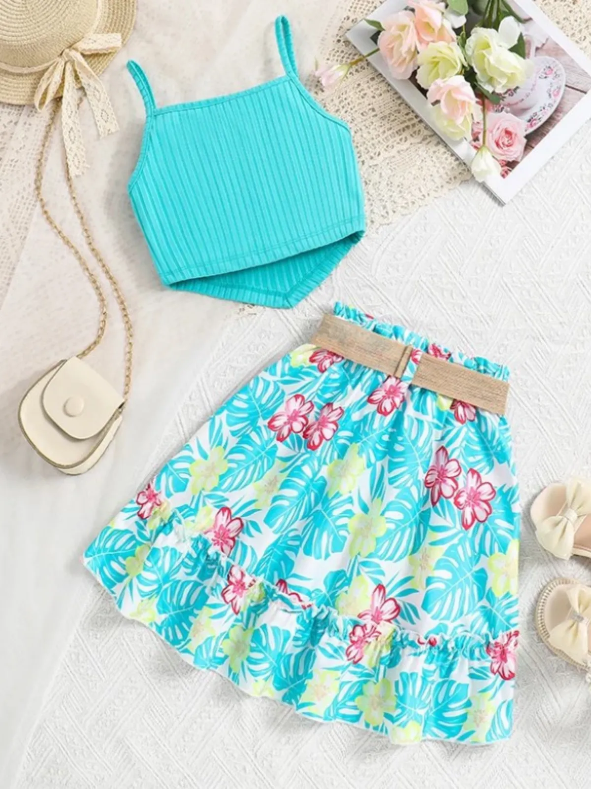 Summer Breeze Aqua Matching Top and Tropical Skirt Set