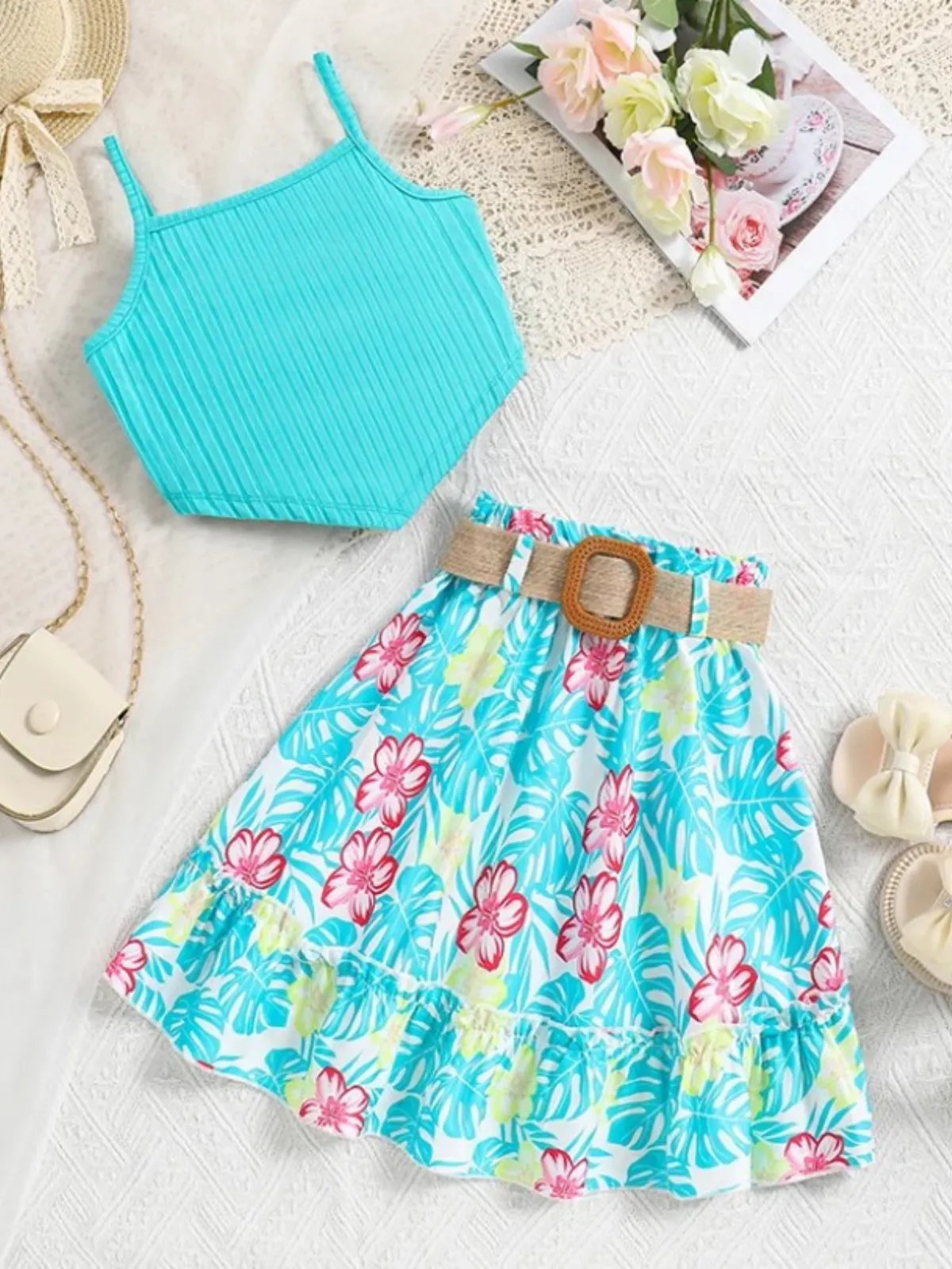 Summer Breeze Aqua Matching Top and Tropical Skirt Set