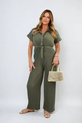 Tie Waist Short Sleeve Pleated Jumpsuit