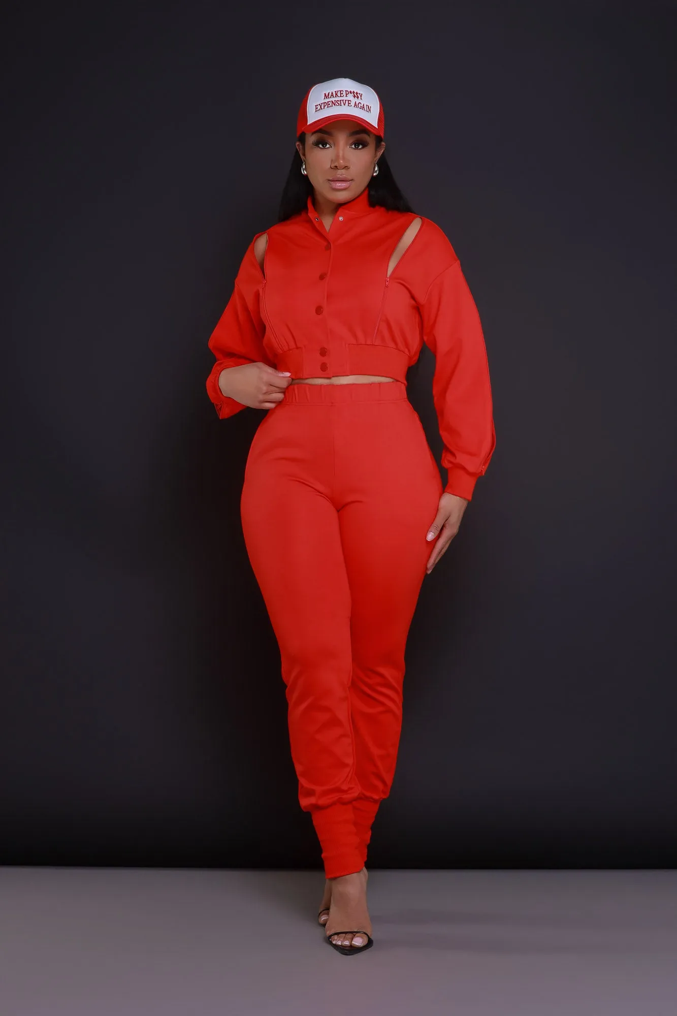 Top Priority Zippered Cropped Jogger Set - Tamale Red