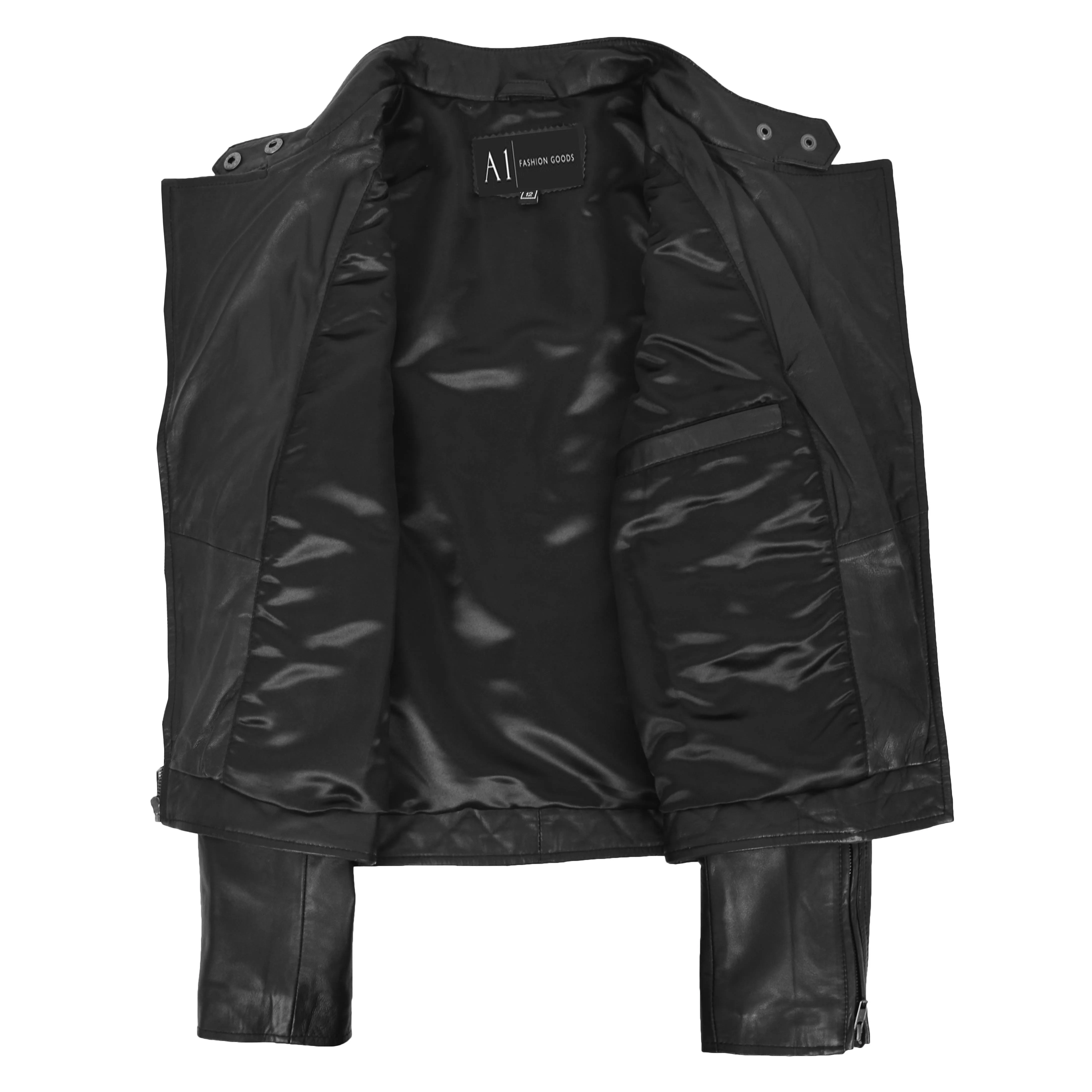 Trendy Black Leather Biker Jacket For Women Quilted Fitted Band Collar Penny