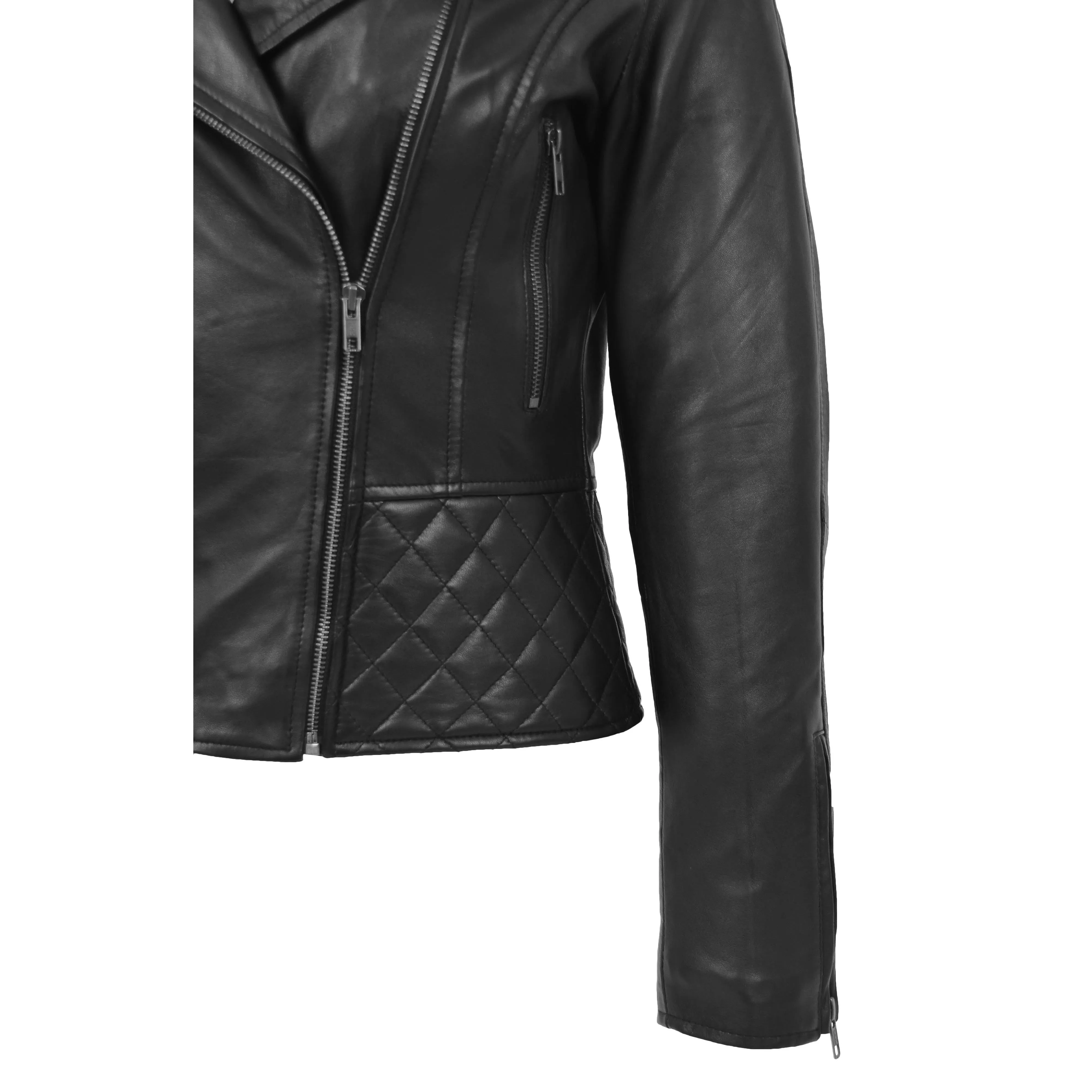 Trendy Black Leather Biker Jacket For Women Quilted Fitted Band Collar Penny