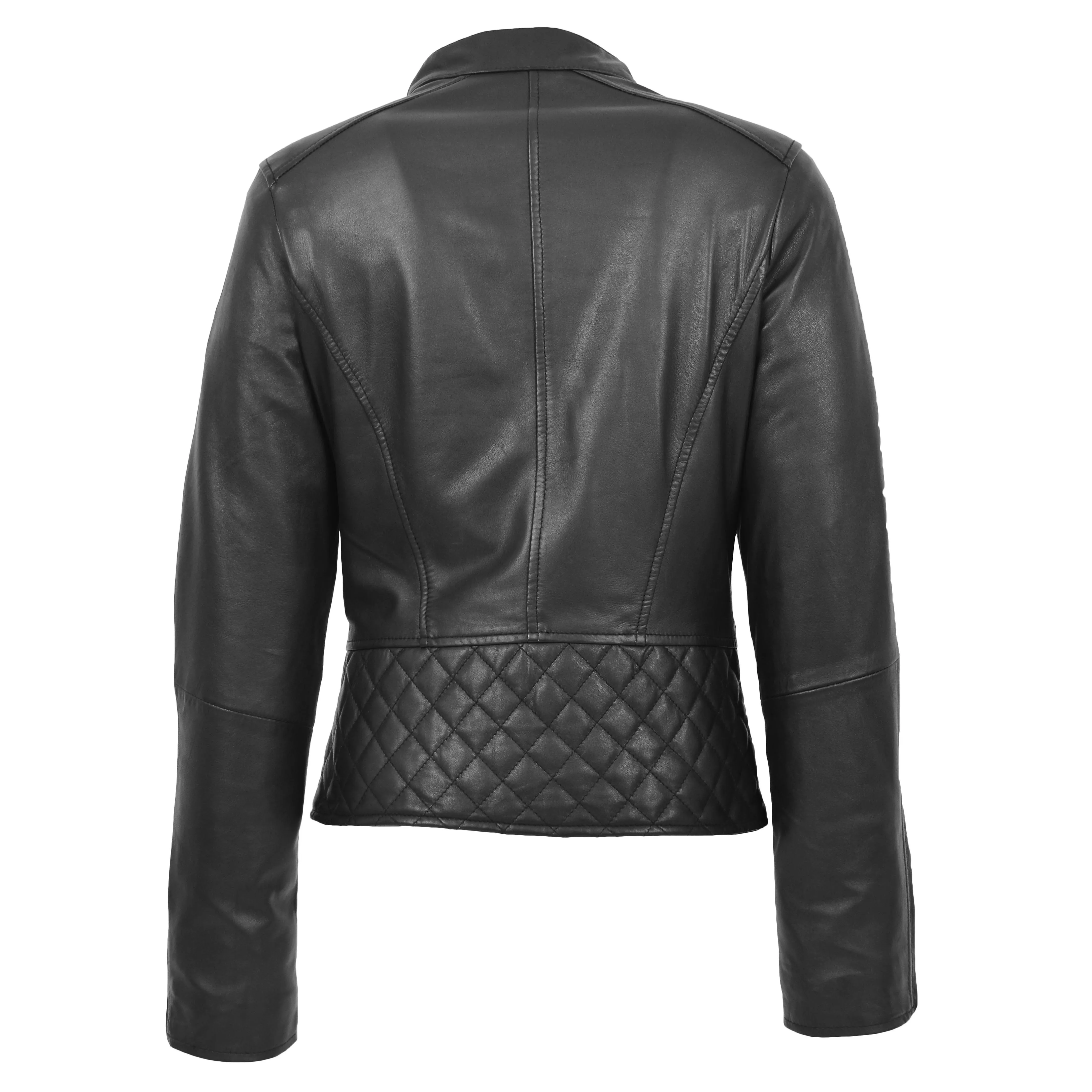 Trendy Black Leather Biker Jacket For Women Quilted Fitted Band Collar Penny