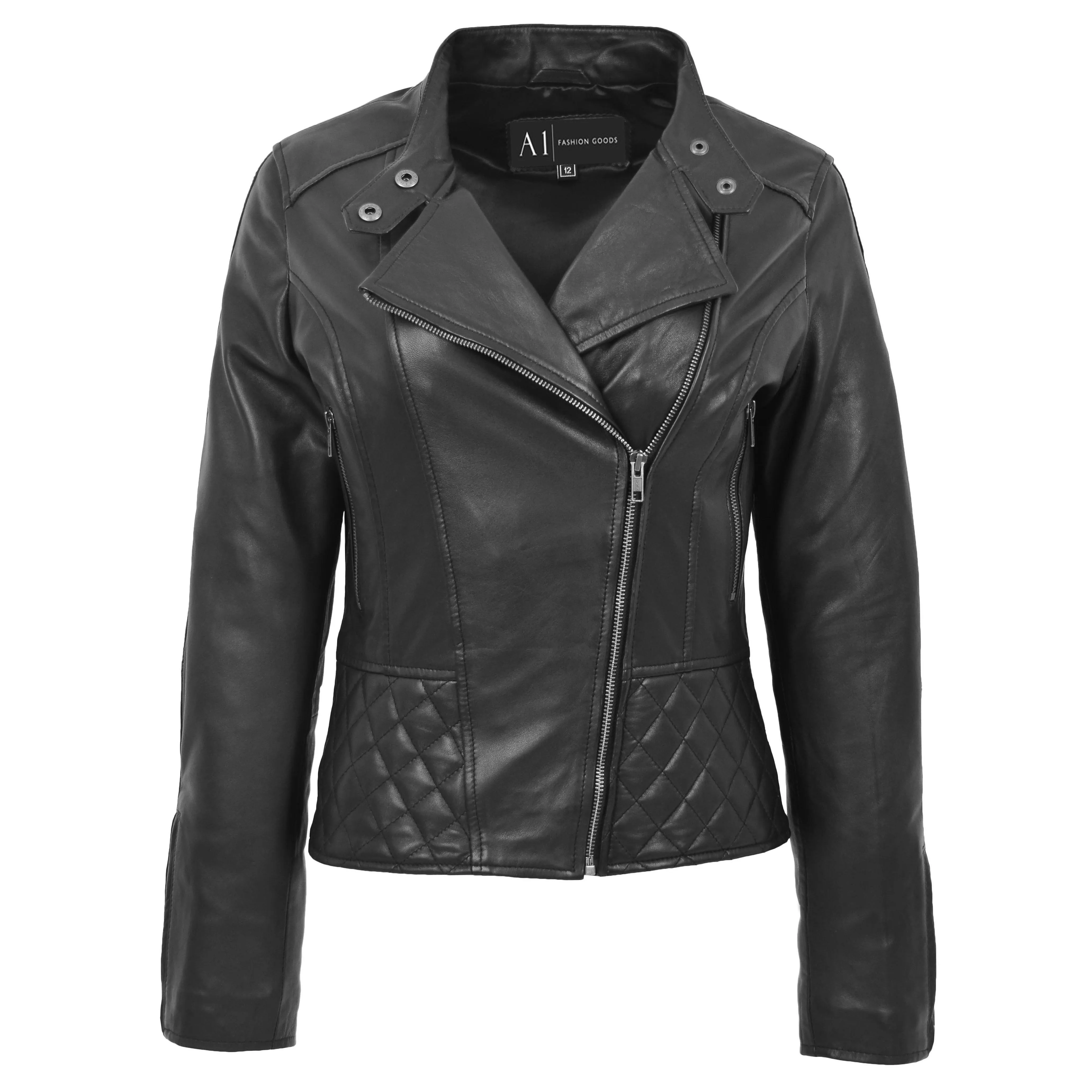 Trendy Black Leather Biker Jacket For Women Quilted Fitted Band Collar Penny