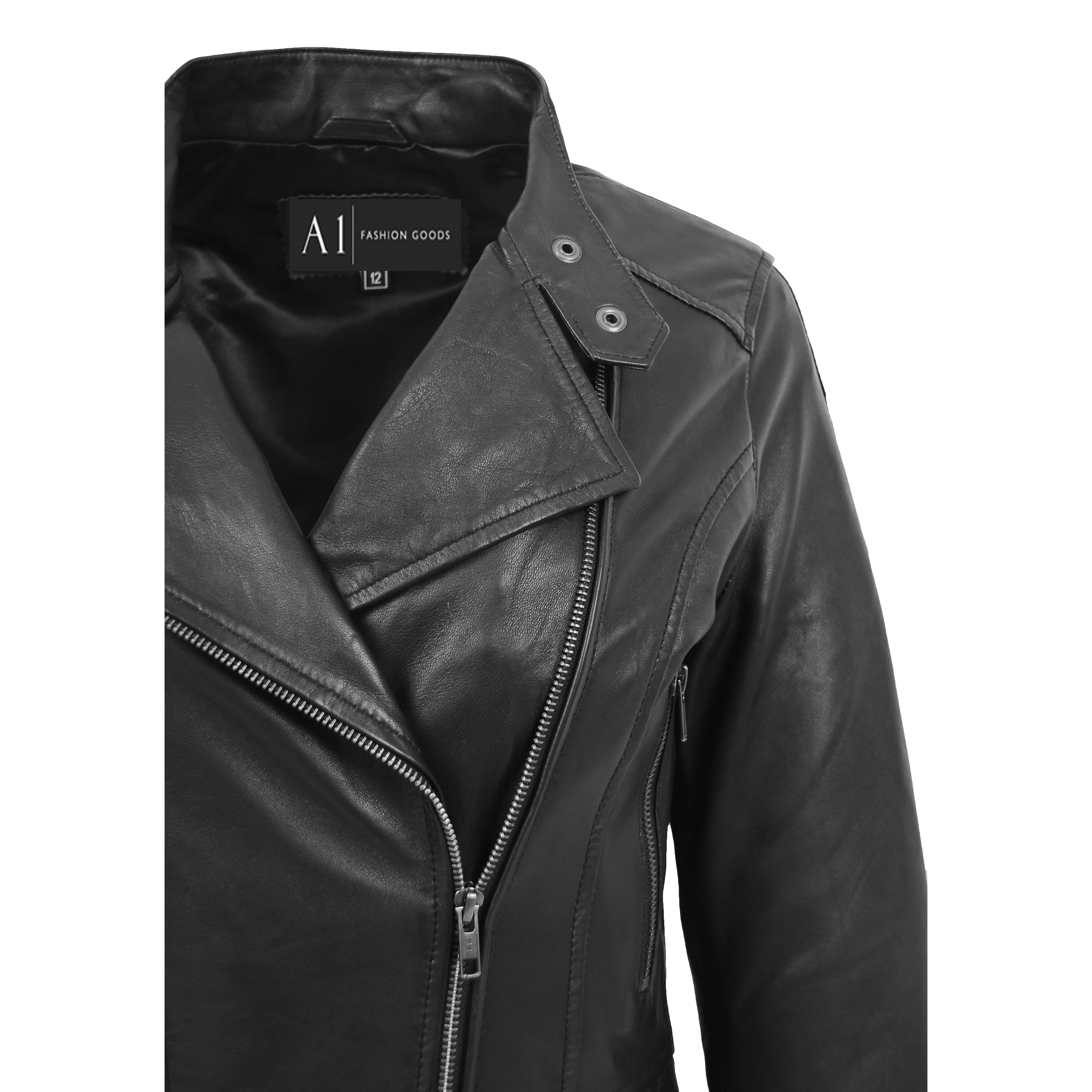 Trendy Black Leather Biker Jacket For Women Quilted Fitted Band Collar Penny