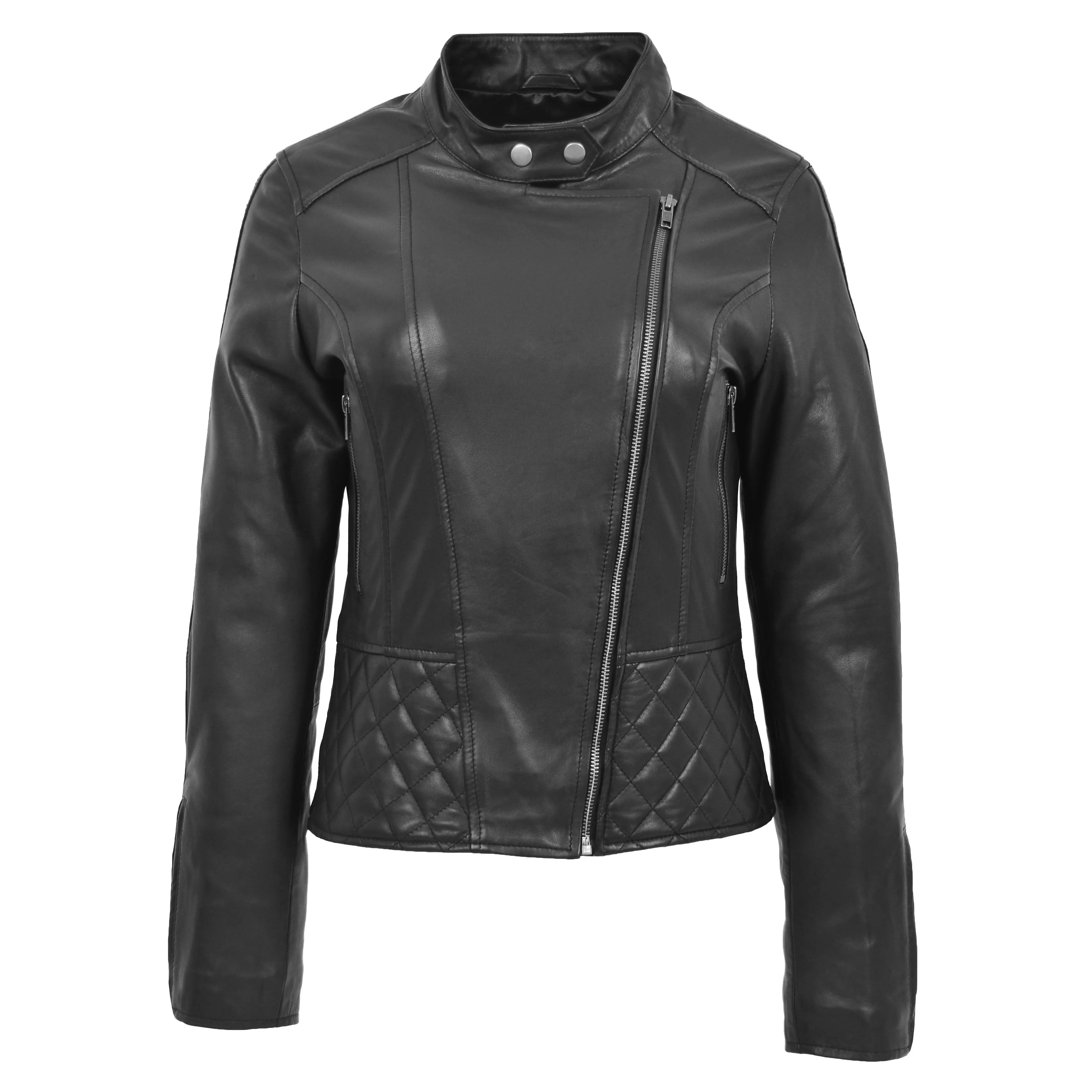 Trendy Black Leather Biker Jacket For Women Quilted Fitted Band Collar Penny