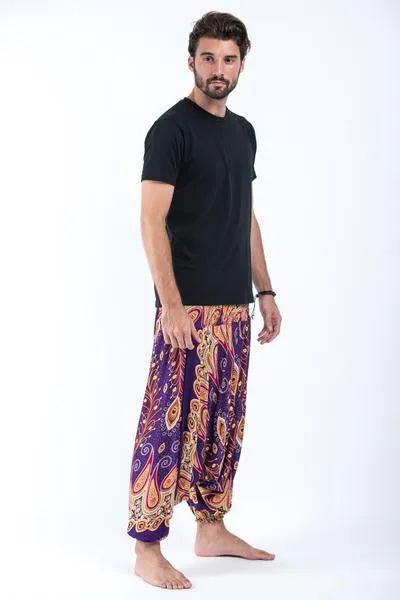 Unisex Peacock Paisley Drop Crotch Jumpsuit Harem Pants in Purple