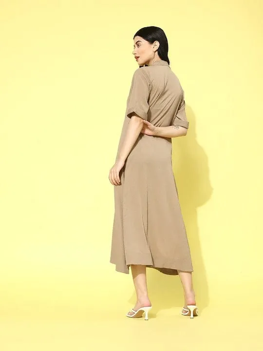 Varanga Women Beige Shirt Collar A Line Dress