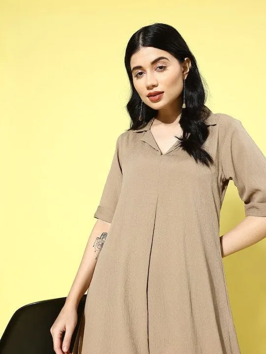 Varanga Women Beige Shirt Collar A Line Dress